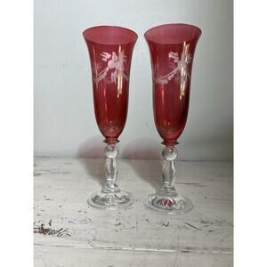 VTG Ruby Red Crystal Champagne Flutes Pair Bow Garland Holiday Gold “R” Mark